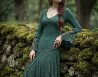 Green Fairy Dress, Boho Handkerchief Hem Midi Dress, Witchy Cottagecore Lace Pixie Outfit