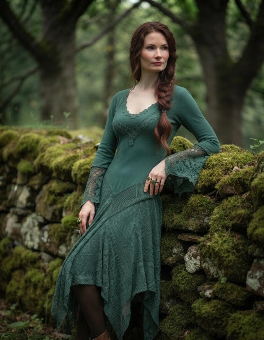 Green Fairy Dress, Boho Handkerchief Hem Midi Dress, Witchy Cottagecore Lace Pixie Outfit