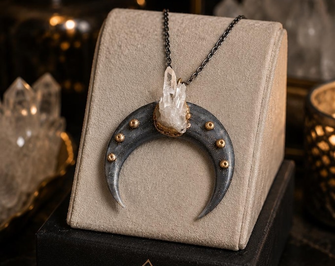 Crystal Druse Crescent Moon Pendant: Handmade Polymer Clay Necklace