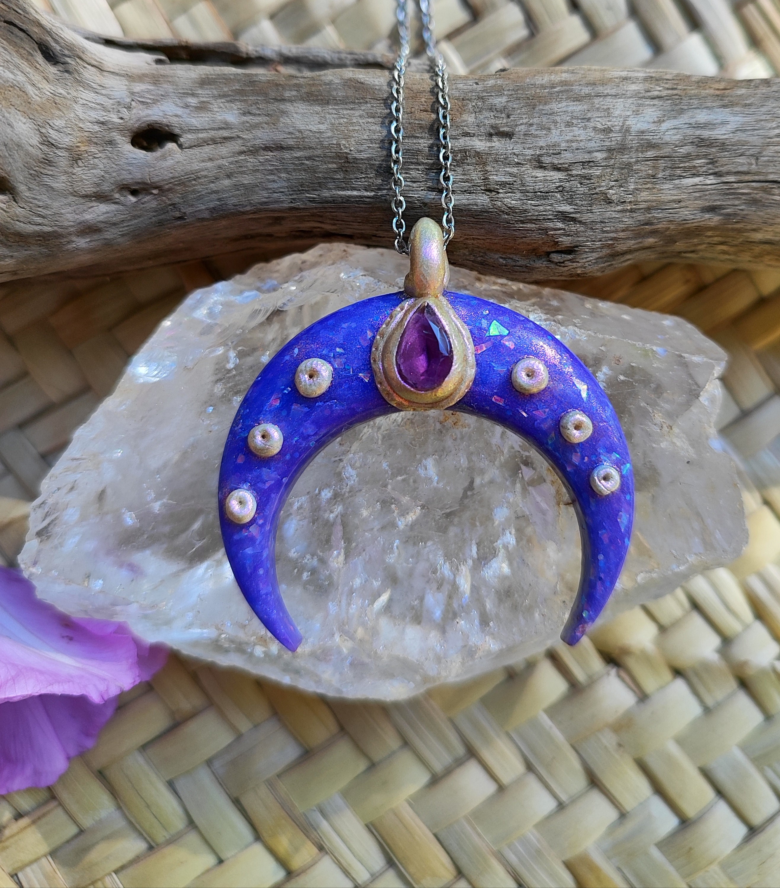 Amethyst purple moon pendant, handmade in polymer clay with opal purple effects image 3