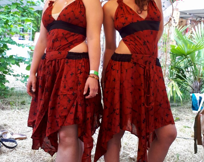 Open Back Red Cotton Dress: Handmade Shipibo Goa Trance Style