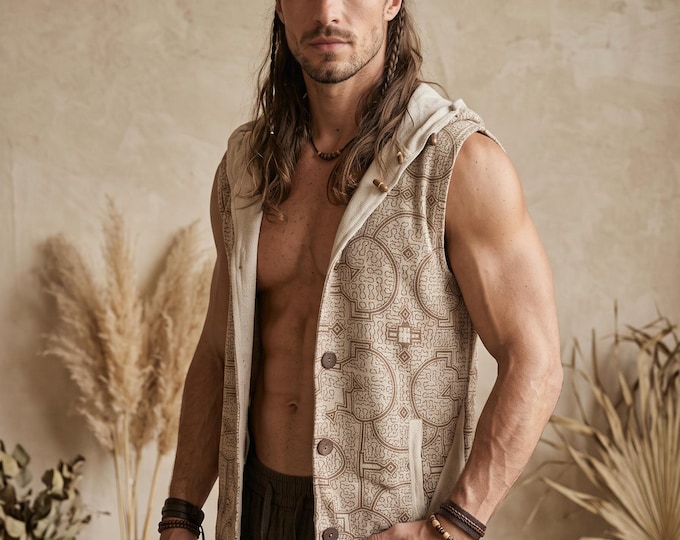 Men’s Reversible Hooded Vest, Boho Tribal Cotton Waistcoat, Shipibo Print, Rustic Festival Outfit PRE ORDER