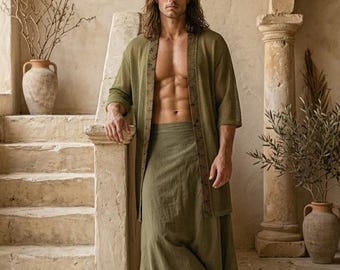 Men's Wrap Skirt green and Boho Kimono, Shamanic Block Print Long Sarong, Raw Cotton Festival Wrap, Men's Tribal Kilt, Medieval Renaissance
