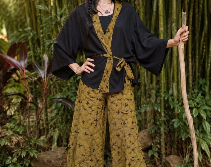 Shipibo Print Kimono and Palazzo Pants Set, Boho Festival Outfit, Sacred Geometry Clothing, Women's Resort Wear