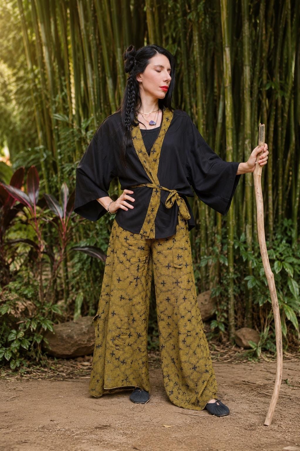 Shipibo Print Kimono and Palazzo Pants Set, Boho Festival Outfit, Sacred Geometry Clothing,