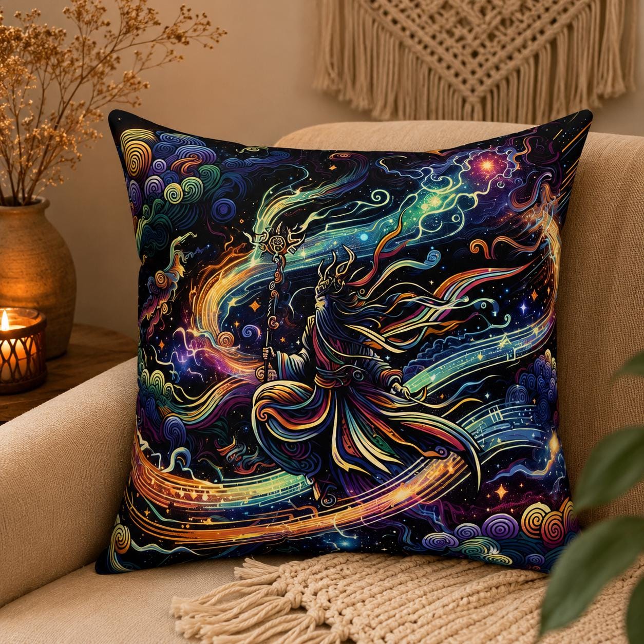 Spiritual Sorcerer Square Pillow: Mystical Energy Home Decor