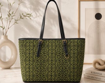 Moss green tote bag: Shipibo Sacred Geometry PU Leather Tribal Design