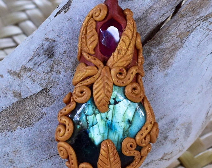 Gemstone jewelry, Labradorite and amethyst pendant made of polymer clay,| Celtic witchcraft pagan necklace