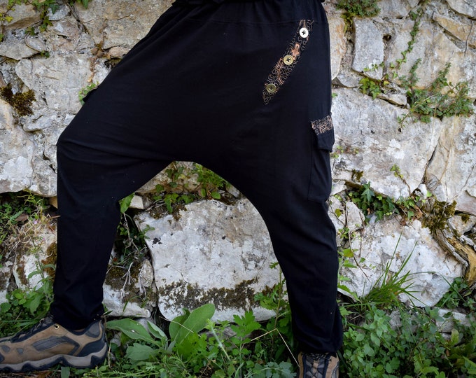 Shipibo black harem men pants, trousers,  geometry Psychedelic Clothes, warm pants. Fractal transdimensional apparell