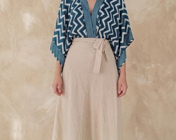Upcycled Sari Silk Kimono Jacket, Blue Geometric Boho Cover Up, Short Bohemian Festival Cardigan, Recycled Silk Top