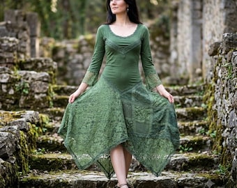 Smaragdgroene middeleeuwse feeënjurk, renaissancistische outfit, cottagecore-fantasyjurk, kanten jurk Elven Witchy, LARP-cosplaykleding