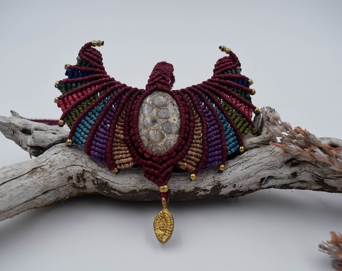 Macrame Wing Necklace: Fossil Jasper Stone, Boho Tribal Jewelry