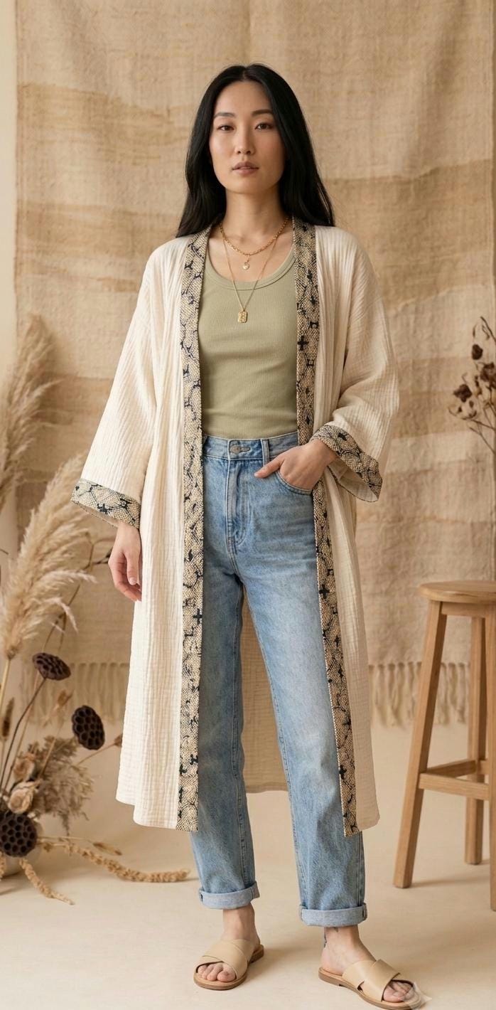 Beige Bamboo Kimono Cardigan, Shipibo Trim Long Robe, Boho Chic Duster, unissex Resortwear, Lightweight Summer Coat, Eco Friendly Gift