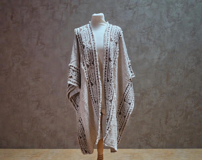 Loom kimono, made in raw cotton, free size medieval style, block print vest, boho psy trance festival burning man, off white wrap poncho