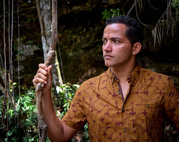 Shipibo Brown Cotton Shirt: Visionary Art Short Sleeve Top