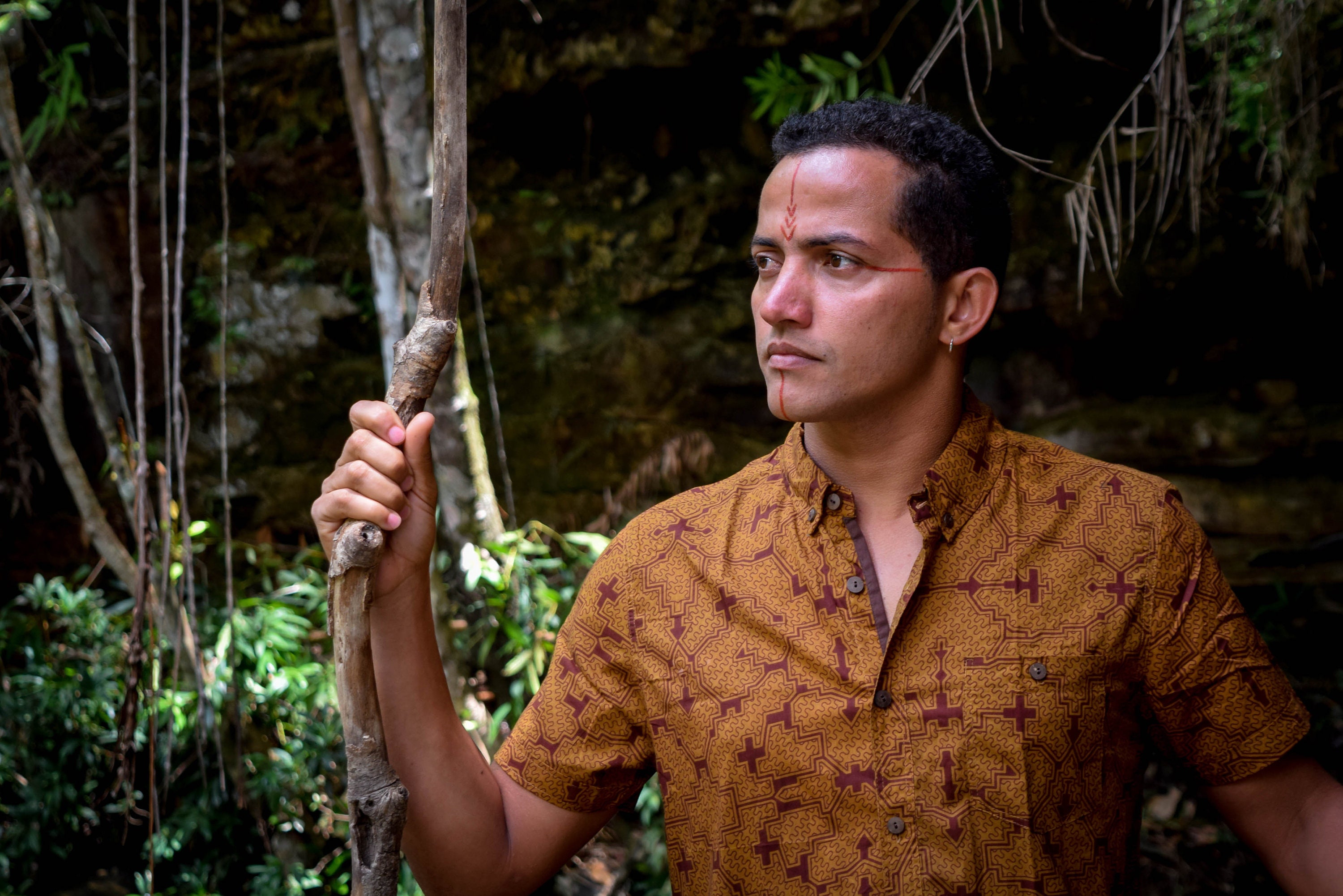 Shipibo Brown Cotton Shirt: Visionary Art Short Sleeve Top
