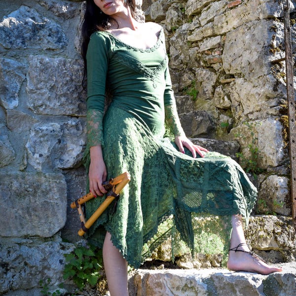 Robe elfique médiévale, robe bohème gitane, robe bohème, style xianxia, robe en dentelle romantique, robe de festival psychédélique
