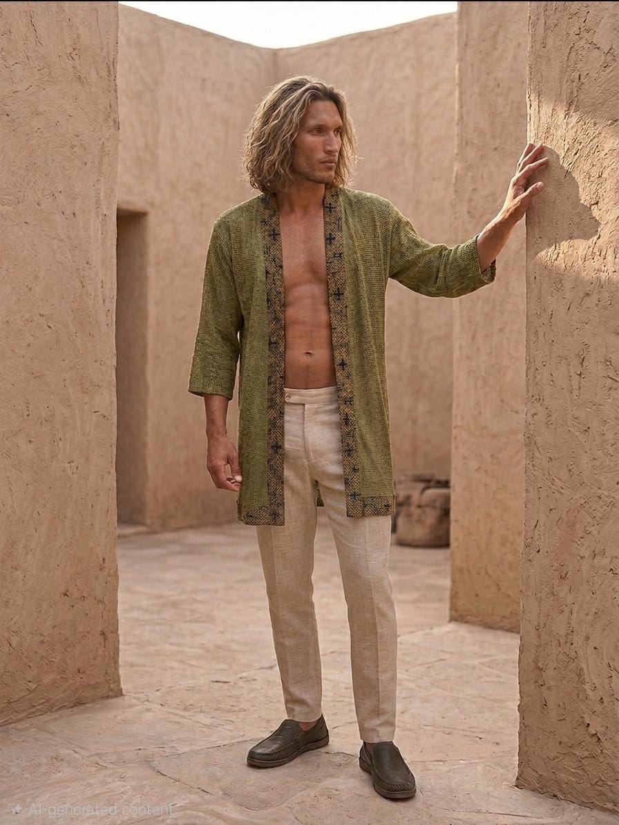 Mens Green Boho Kimono Jacket, Shipibo Print Cardigan, Festival Robe, Bohemian Men&