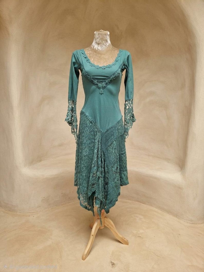Green Fairy Dress, Boho Handkerchief Hem Midi Dress, Witchy Cottagecore ...