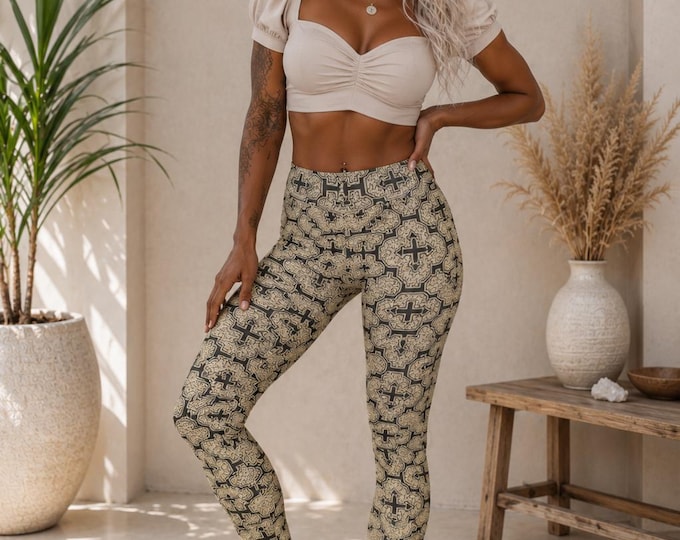 Sacred Geometry Yoga Leggings, Shipibo Inspired Pattern, Boho Festival Clothing, High Waisted Workout Pants for Women