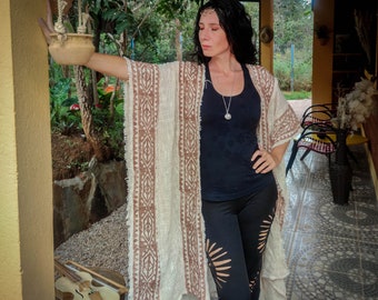 Raw cotton long poncho, free size long kimono, burning man style, block print vest, boho psy trance festival cloth, off white wrap kimono