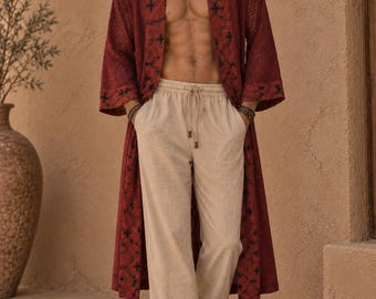 Red Shipibo Kimono Robe, Boho Sacred Geometry Duster, Tribal Festival Cardigan, Unisex Long Cotton Robe with Pockets, Meditation Cover Up