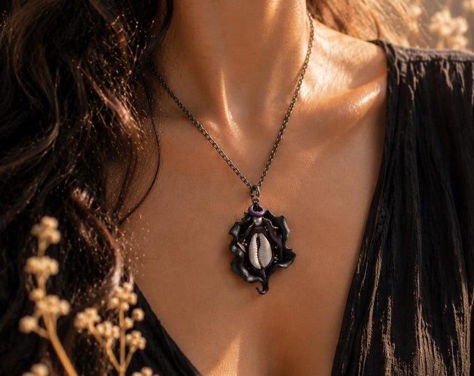 Dark Goddess Talisman Necklace, Witchy Cowrie Shell Pendant, Gothic Boho Jewelry, Sacred Feminine Handmade Necklace