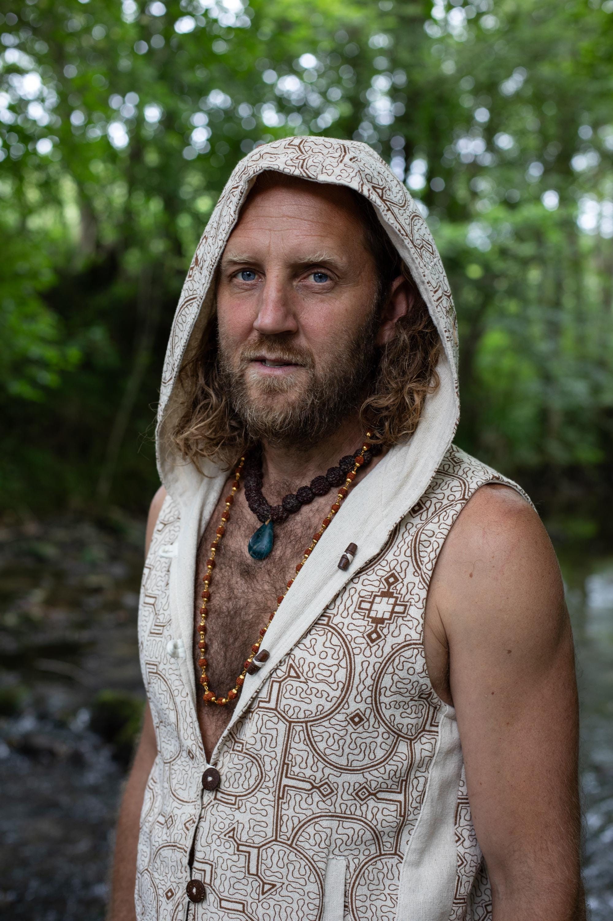 Men’s Reversible Hooded Vest, Boho Tribal Cotton Waistcoat, Shipibo Print, Rustic Festival Outfit