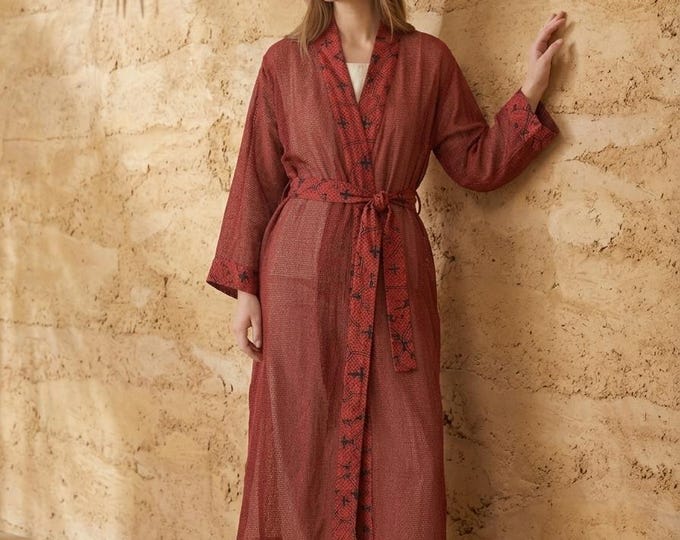 Red Shipibo Kimono Robe, Boho Sacred Geometry Duster, Tribal Festival Cardigan, Unisex Long Cotton Robe with Pockets, Meditation Cover Up