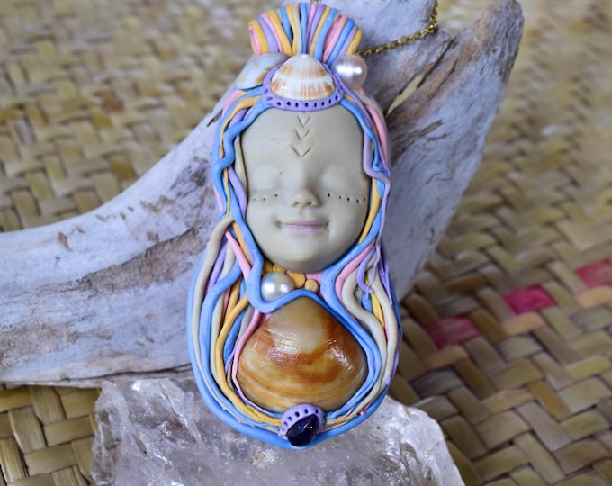 Mermaid pendant jewelry with shells and freshwater pearls, Goddess celestial necklace, Sacred Mermaid design