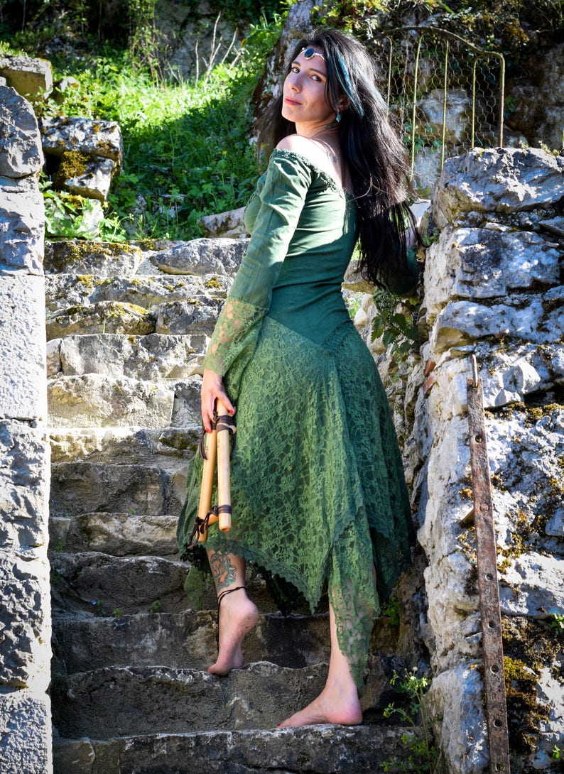 Medieval elven dress, Gypsy bohemian dress, Boho dress, xianxia style, romantic lace dress, psychedelic festival dress image 6