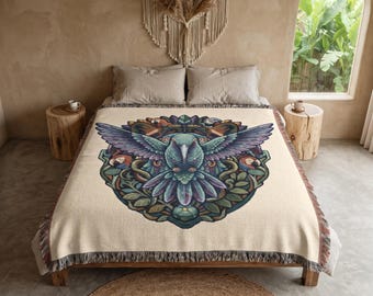 Sacred Medicine Woven Blanket, Colibri & Jaguar Forest Tapestry, Shamanic Boho Throw Decor, Peyote Ayahuasca Snake Art