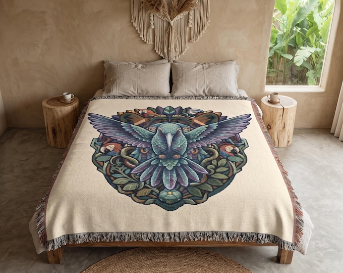 Sacred Medicine Woven Blanket, Colibri & Jaguar Forest Tapestry, Shamanic Boho Throw Decor, Peyote Ayahuasca Snake Art