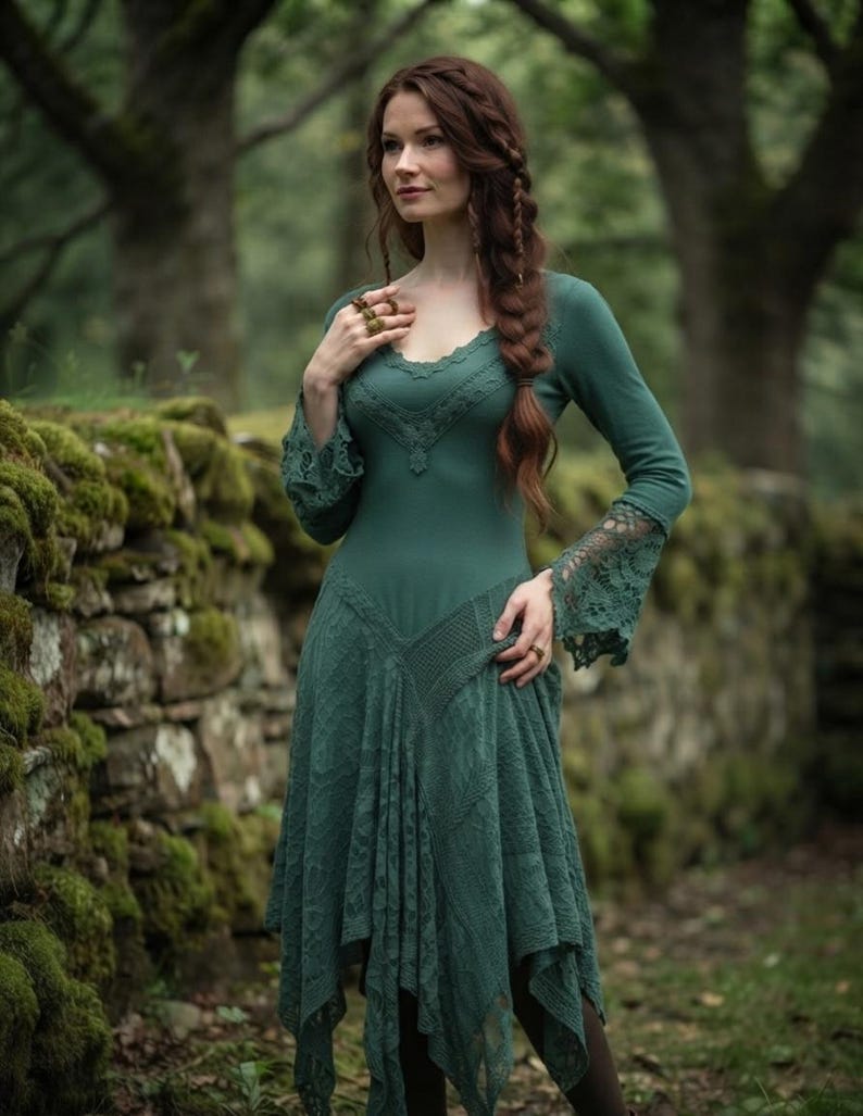 Green Fairy Dress, Boho Handkerchief Hem Midi Dress, Witchy Cottagecore ...