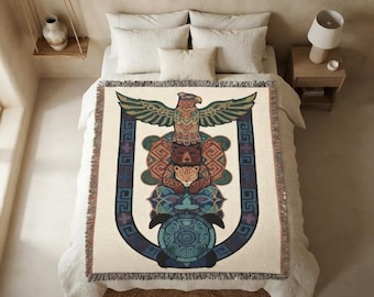 Woven Cotton Tapestry Blanket, Sacred Geometry Animal Totem Throw, Boho Chic Home Decor, Shamanic Art Tapestry, Large Bed & Sofa Blanket