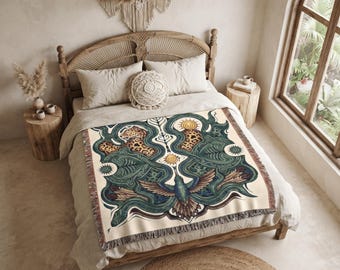 Sacred Medicine Woven Blanket, Jaguar & Colibri Tapestry, Boho Shamanic Forest Throw, Snake and Serpent Art Decor
