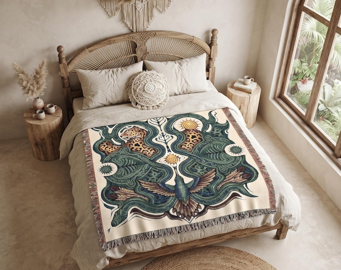 Sacred Medicine Woven Blanket, Jaguar & Colibri Tapestry, Boho Shamanic Forest Throw, Snake and Serpent Art Decor