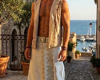 Men's beige Linen Wrap Skirt with Pockets & Buckle – Handcrafted Asymmetrical Viking Kilt, Boho Festival Clothing, Adjustable Tribal Sarong