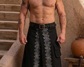 Men's Linen Wrap Skirt with Pockets & Buckle Handcrafted Asymmetrical Viking Kilt, Boho Festival Clothing, Adjustable Tribal Sarong