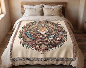 Woven Cotton Throw Blanket - Jaguar, Snake & Condor Shamanic Forest Tapestry | Boho Home Decor
