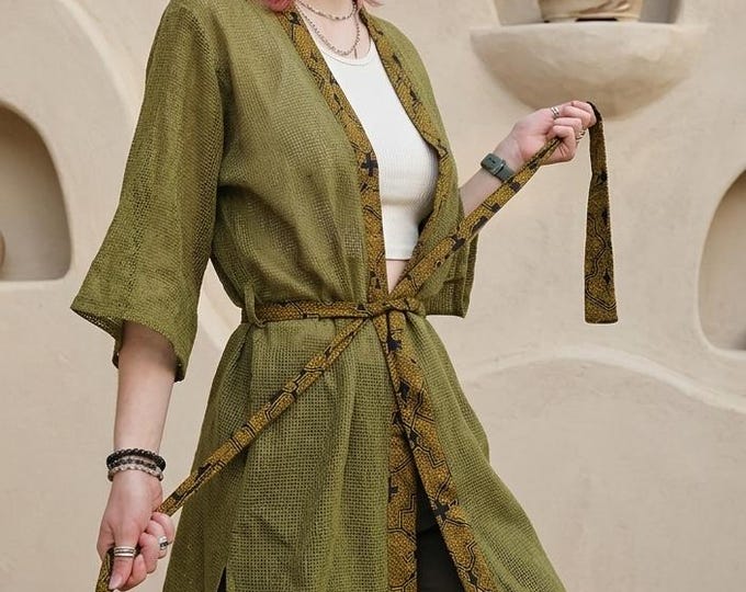 Green Shipibo Print Kimono Jacket, Boho Sacred Geometry Cardigan, Green Festival Duster, Unisex Tribal Resort Wear, Isis Wikandah Robe