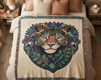 Woven Jacquard Throw Blanket, Jaguar Peyote Tapestry, Shamanic Boho Cotton Blanket, Living Room Decor, 3 Sizes Available