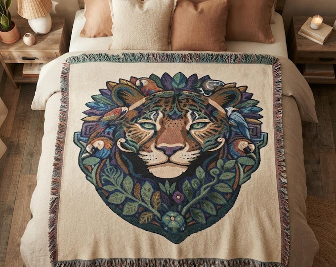 Woven Jacquard Throw Blanket, Jaguar Peyote Tapestry, Shamanic Boho Cotton Blanket, Living Room Decor, 3 Sizes Available
