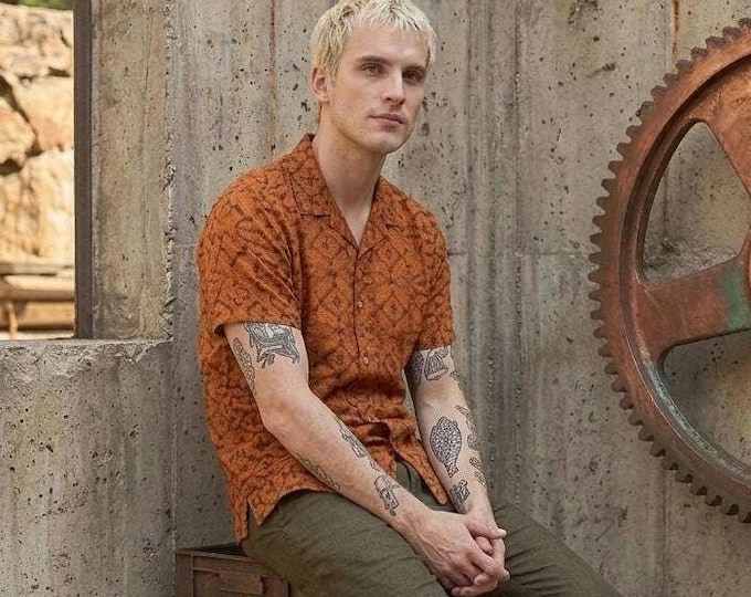 Men's Orange Shipibo Tribal Print Button-Up Shirt