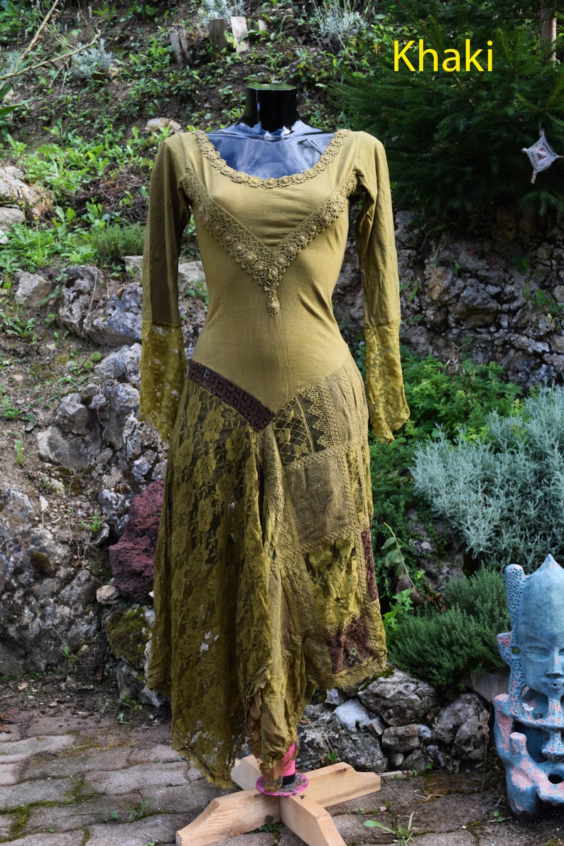 Medieval elven dress, Gypsy bohemian dress, Boho dress, xianxia style, romantic lace dress, psychedelic festival dress image 9