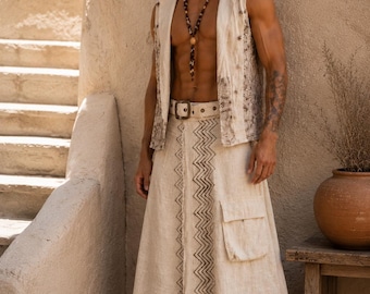 Jupe portefeuille beige en lin pour homme avec poches et boucle – Kilt viking asymétrique fait main, vêtements bohèmes pour festivals, sarong tribal ajustable