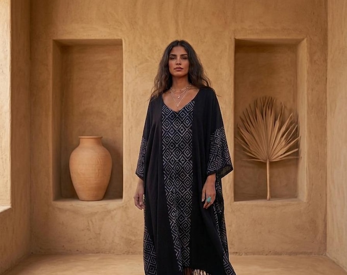 Handcrafted Organic Cotton Kimono Kaftan, Hand Block Print Black Poncho Dress, Artisanal Bohemian Loungewear, Handloom Boho Cover Up