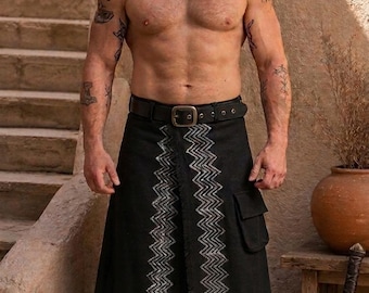 Leinen-Wickelrock für Herren mit Taschen und Schnalle – Handgefertigter asymmetrischer Wikinger-Kilt, Boho-Festivalkleidung, verstellbarer Sarong im Ethno-Stil