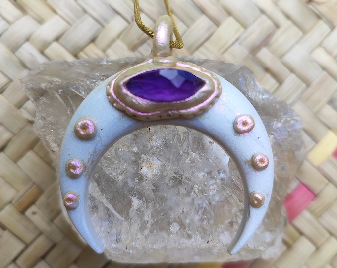 Handmade Polymer Clay Moon Necklace: Amethyst Gemstone Pendant