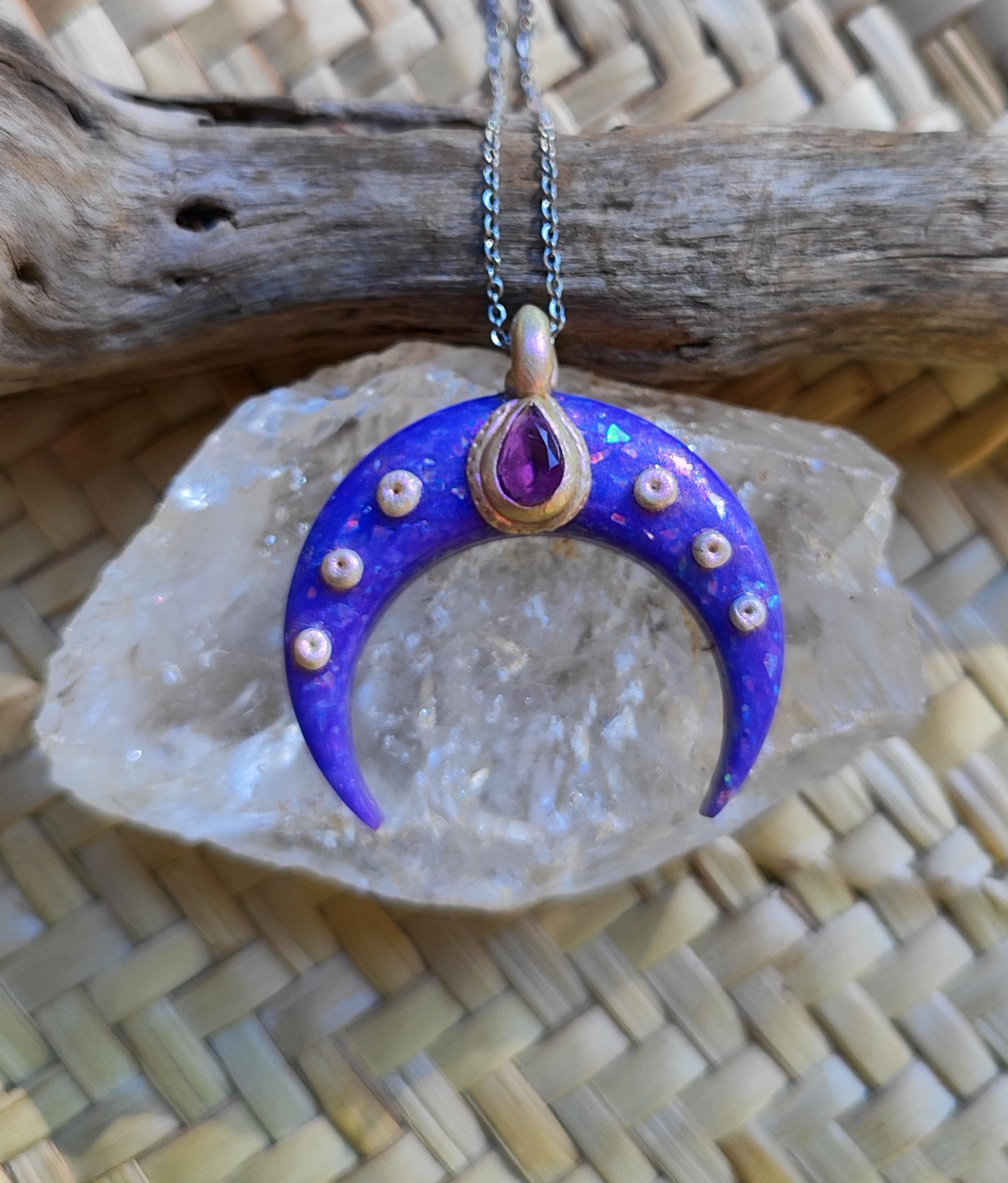 Amethyst purple moon pendant, handmade in polymer clay with opal purple effects image 5